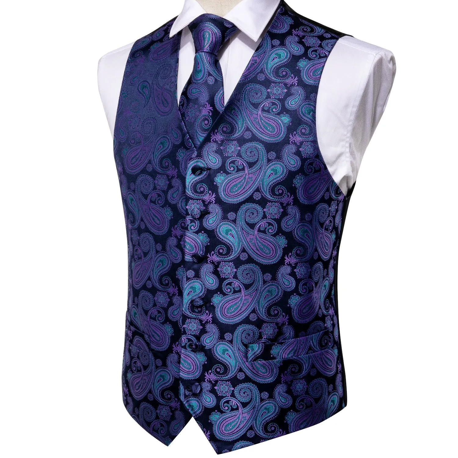 Luxury Blue Purple Paisley Jacquard Silk Men's Vest Hanky Cufflinks Tie Set Waistcoat Suit Set sold by Ties2You product image thumbnail 3