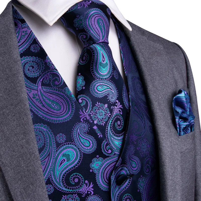 Luxury Blue Purple Paisley Jacquard Silk Men's Vest Hanky Cufflinks Tie Set Waistcoat Suit Set sold by Ties2You