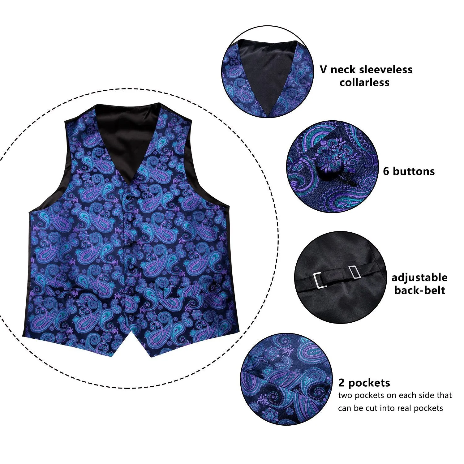 Luxury Blue Purple Paisley Jacquard Silk Men's Vest Hanky Cufflinks Tie Set Waistcoat Suit Set sold by Ties2You product image thumbnail 4
