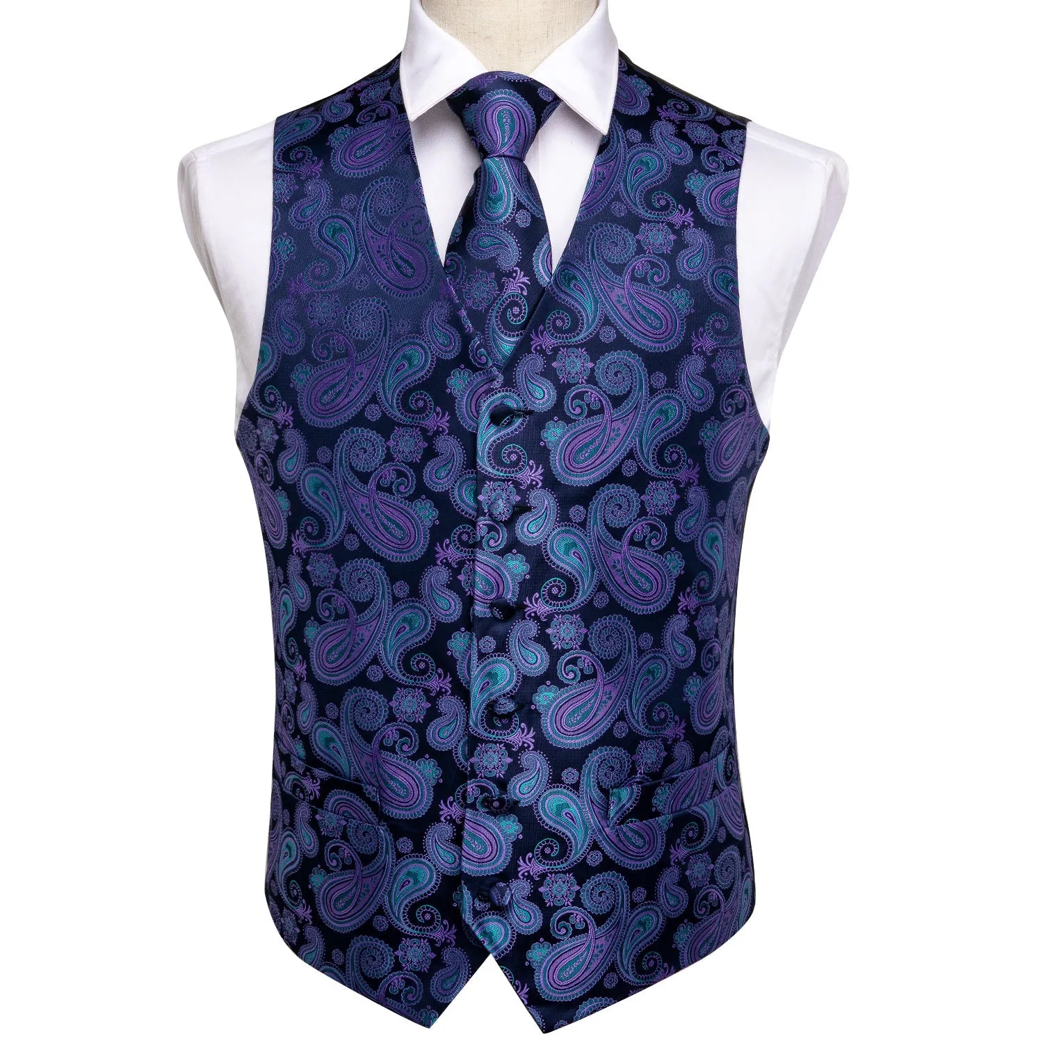 Luxury Blue Purple Paisley Jacquard Silk Men's Vest Hanky Cufflinks Tie Set Waistcoat Suit Set sold by Ties2You product image thumbnail 2