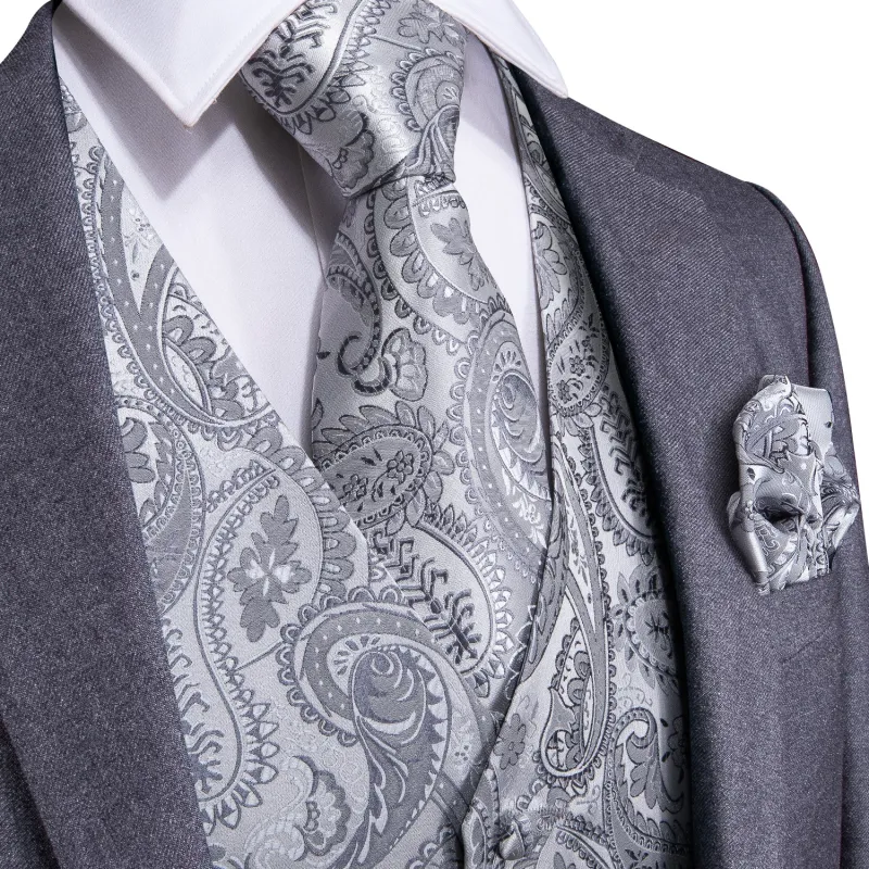Luxury Silver Paisley Jacquard Silk Men's Vest Hanky Cufflinks Tie Set Waistcoat Suit Set sold by Ties2You