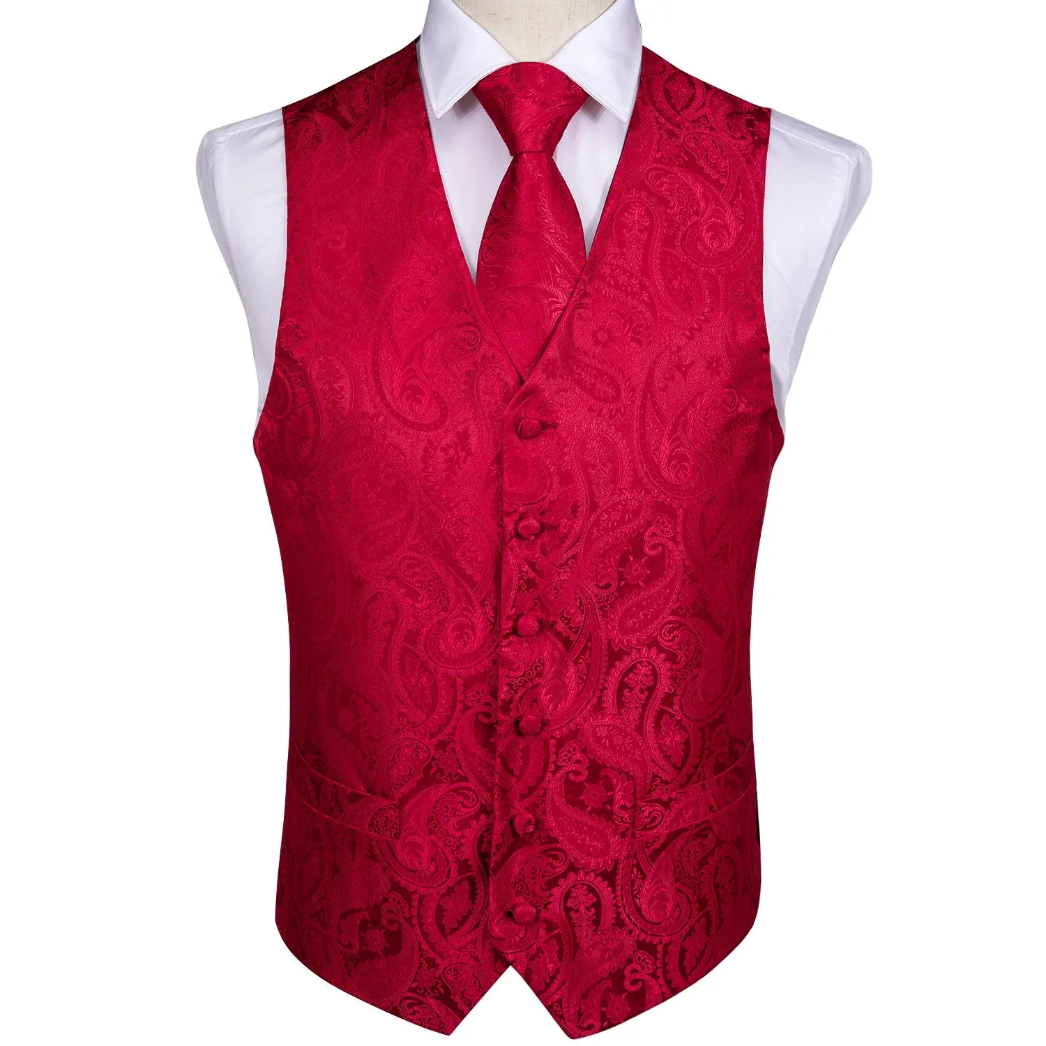 Luxury Red Paisley Jacquard Silk Men's Vest Hanky Cufflinks Tie Set Waistcoat Suit Set sold by Ties2You product image thumbnail 3