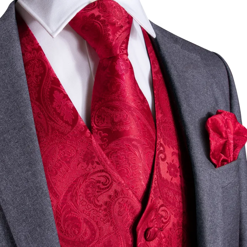 Luxury Red Paisley Jacquard Silk Men's Vest Hanky Cufflinks Tie Set Waistcoat Suit Set sold by Ties2You