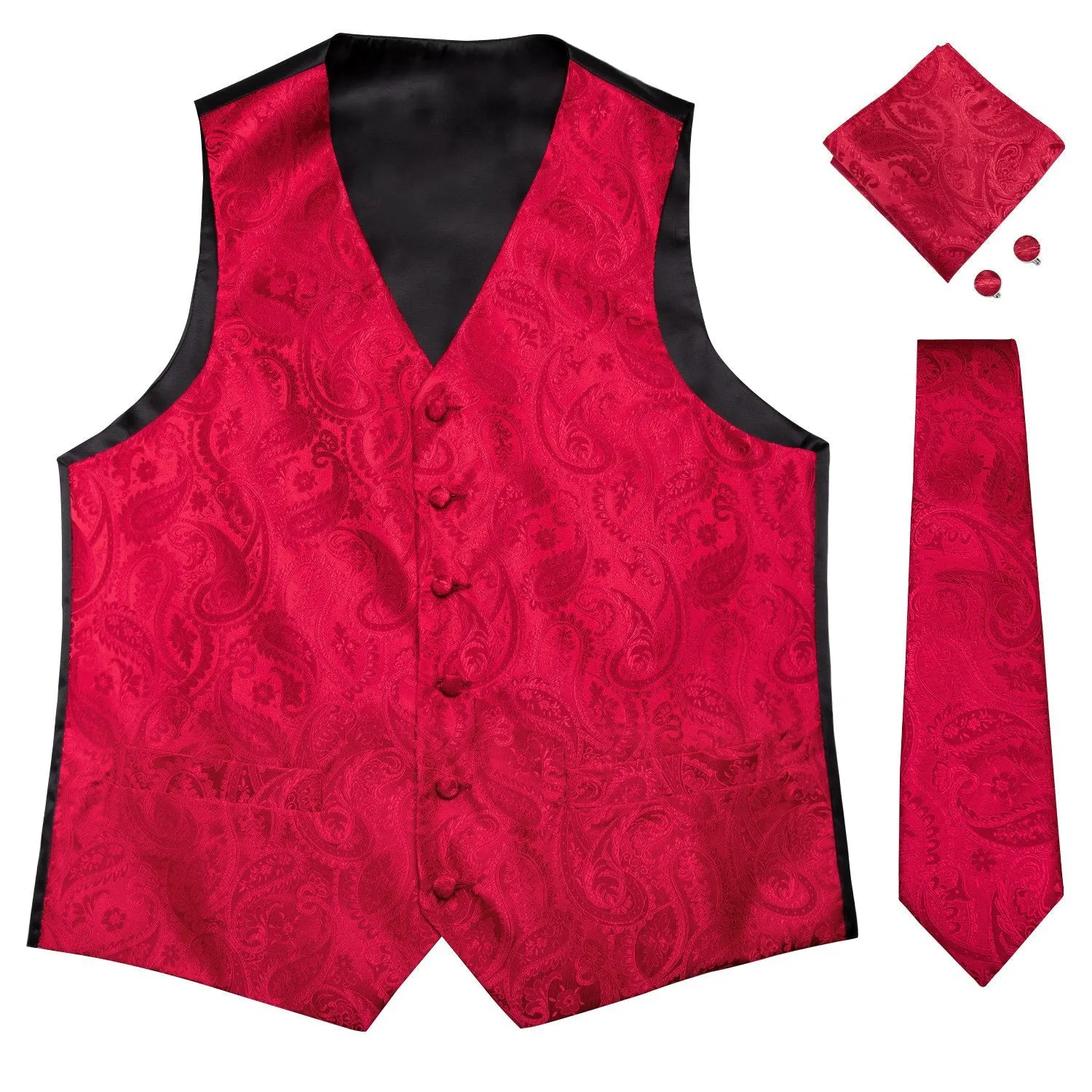 Luxury Red Paisley Jacquard Silk Men's Vest Hanky Cufflinks Tie Set Waistcoat Suit Set sold by Ties2You product image thumbnail 4