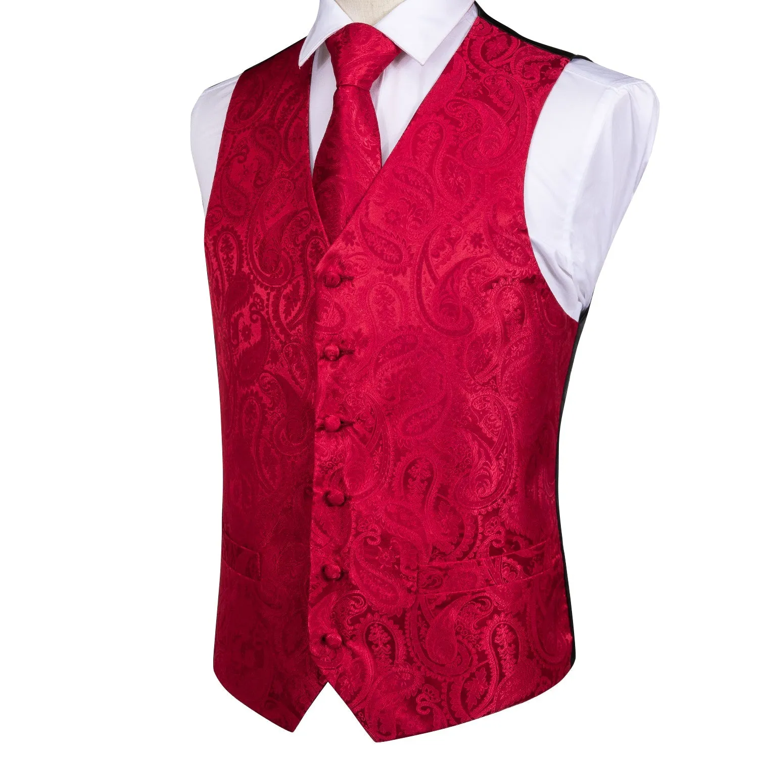 Luxury Red Paisley Jacquard Silk Men's Vest Hanky Cufflinks Tie Set Waistcoat Suit Set sold by Ties2You product image thumbnail 2