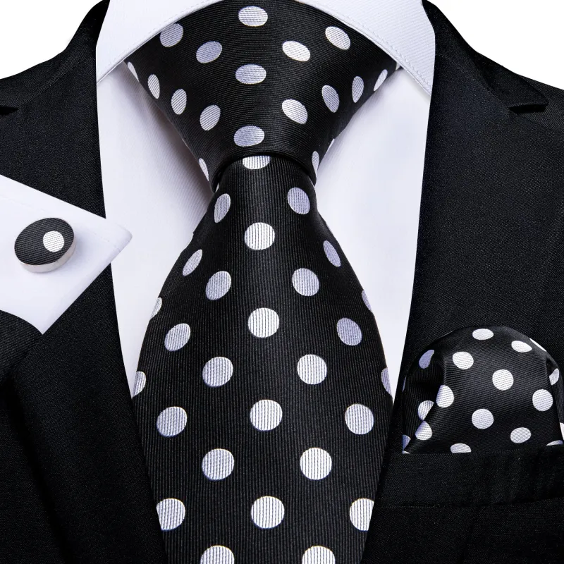 Ties2you Black Tie Mens White Polka Dot Party Necktie Pocket Square Cufflinks Set sold by Ties2You