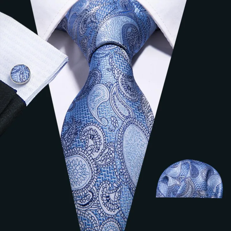Sky-blue Paisley Silk Tie Pocket Square Cufflinks Set sold by Ties2You