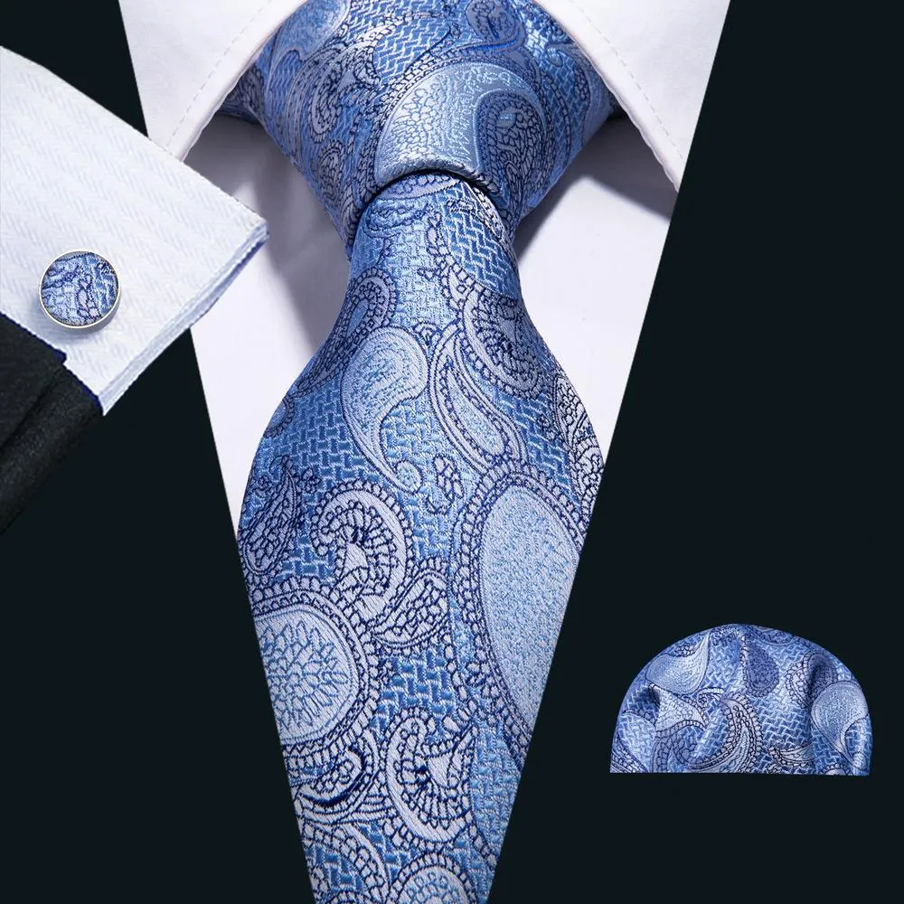 Sky-blue Paisley Silk Tie Pocket Square Cufflinks Set sold by Ties2You