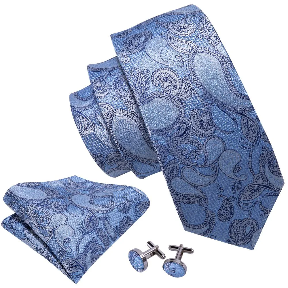 Sky-blue Paisley Silk Tie Pocket Square Cufflinks Set sold by Ties2You product image thumbnail 4