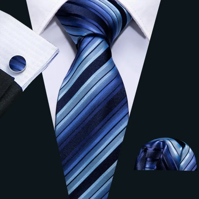 Fashion Blue Black Striped Men's Tie Pocket Square Cufflinks Set sold by Ties2You