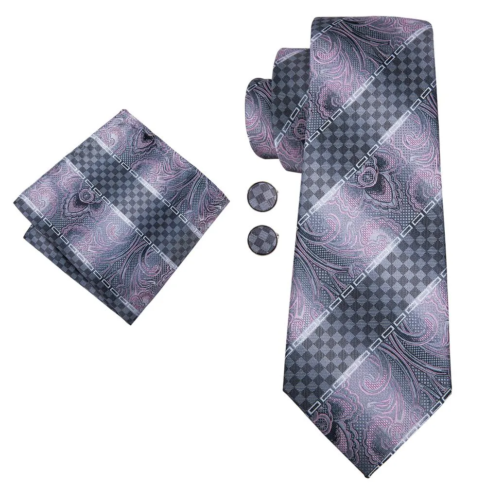 Silver Grey Pink Novelty Silk Men's Tie Hanky Cufflinks Set sold by Ties2You product image thumbnail 3