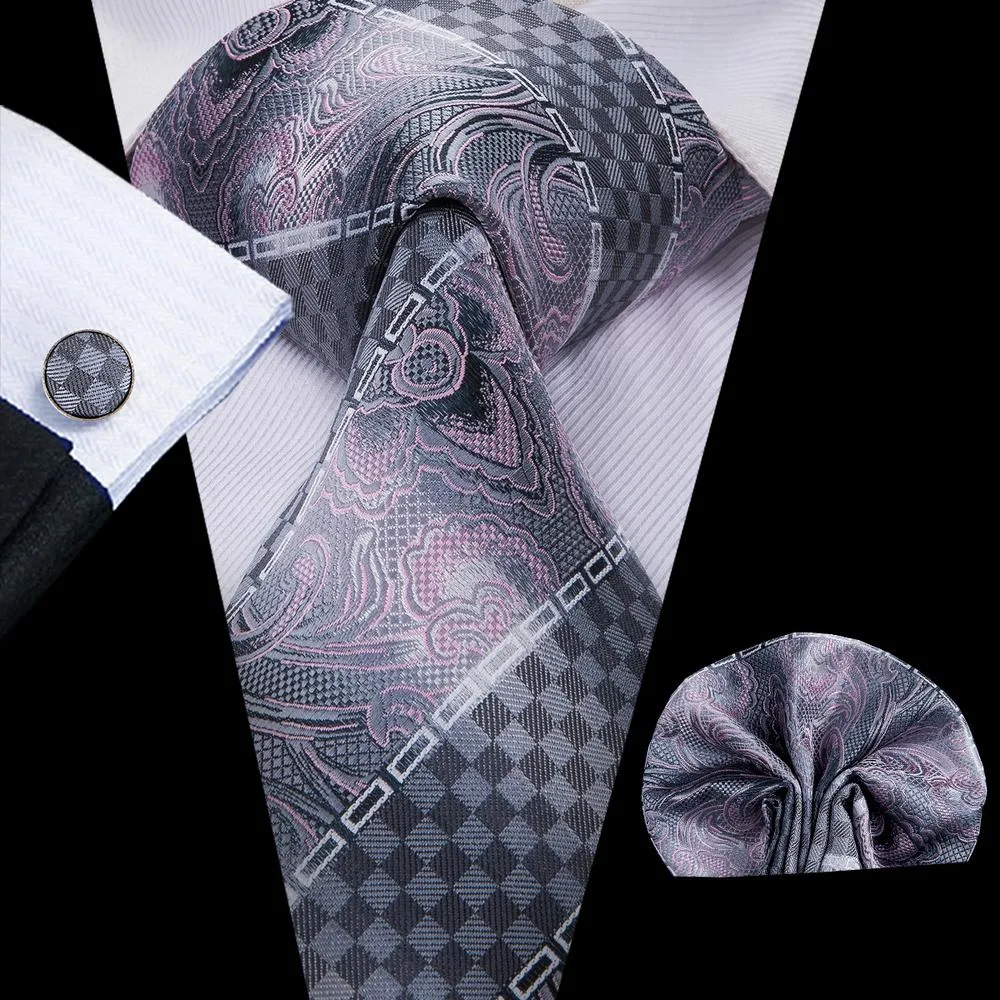 Silver Grey Pink Novelty Silk Men's Tie Hanky Cufflinks Set sold by Ties2You