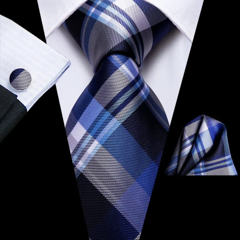 Classic Blue Plaid Men's Tie Set Tie Pocket Square Cufflinks Set sold by Ties2You