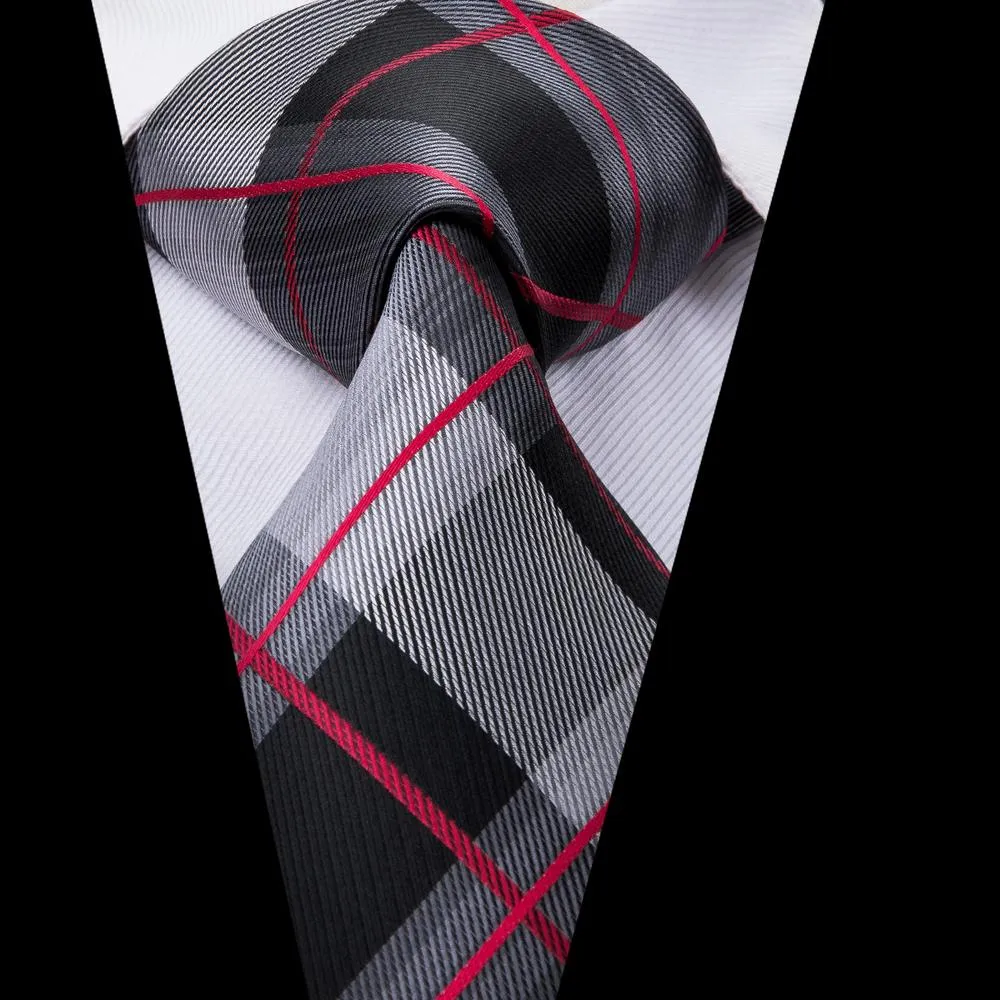 Black Grey Red Plaid Men's Tie Set Tie Pocket Square Cufflinks Set sold by Ties2You product image thumbnail 4