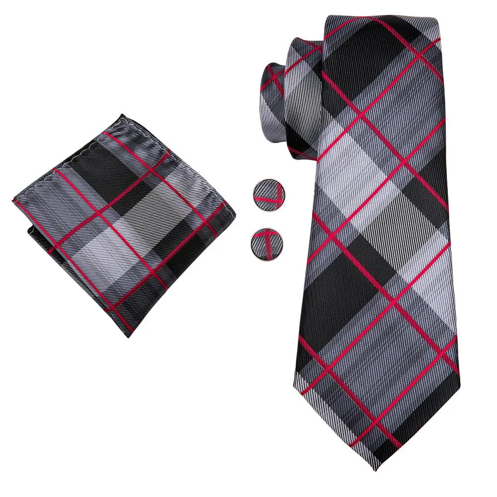 Black Grey Red Plaid Men's Tie Set Tie Pocket Square Cufflinks Set sold by Ties2You product image thumbnail 2