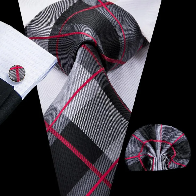 Black Grey Red Plaid Men's Tie Set Tie Pocket Square Cufflinks Set made by Ties2You