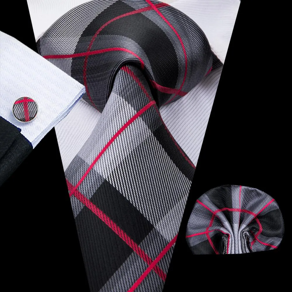 Black Grey Red Plaid Men's Tie Set Tie Pocket Square Cufflinks Set sold by Ties2You