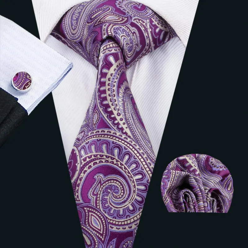 Purple Beige Paisley Silk Tie Pocket Square Cufflinks Set sold by Ties2You