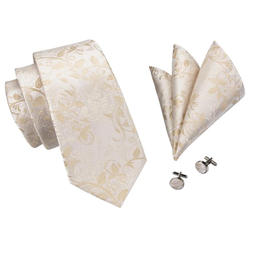 Ties2you Champagne Tie Golden Floral Men's Silk Tie Pocket Square Cufflinks Set sold by Ties2You product image thumbnail 3