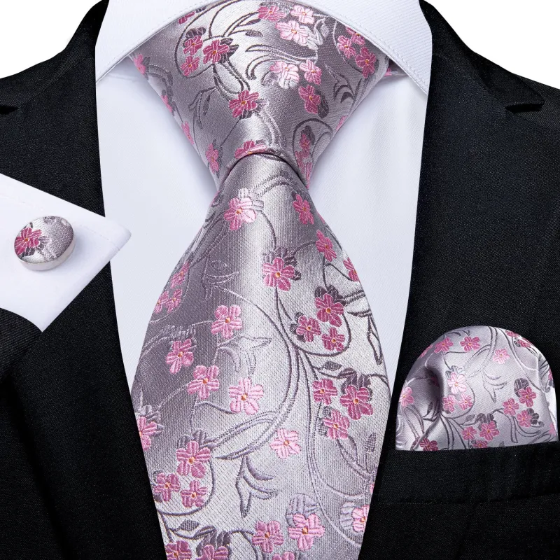 Silver Pink Floral Tie Pocket Square Cufflinks Set sold by Ties2You