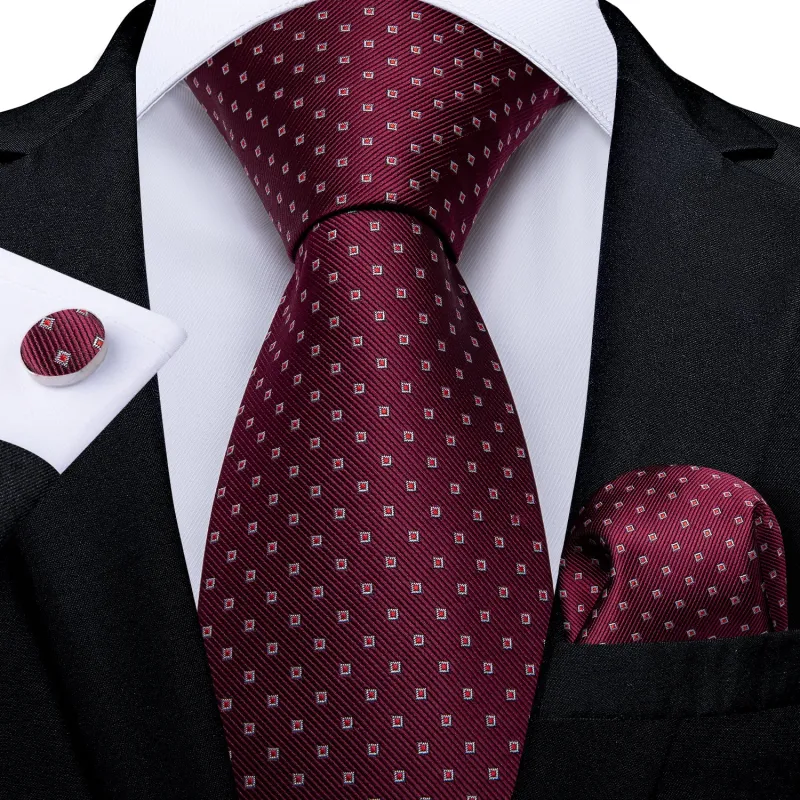Dark Red Polka Dot Men's Tie Pocket Square Cufflinks Set sold by Ties2You