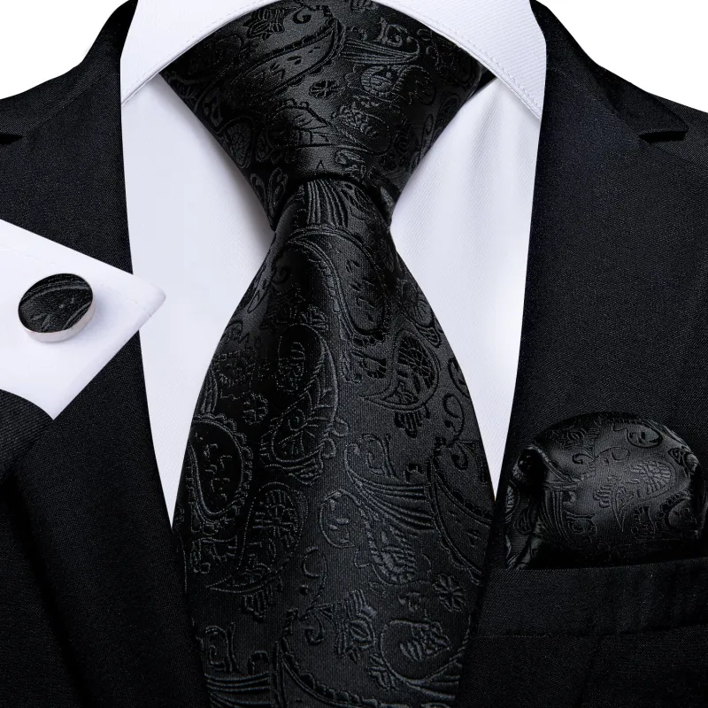 Ties2you Silk Tie Dark Black Paisley Men's Tie Pocket Square Cufflinks Set sold by Ties2You