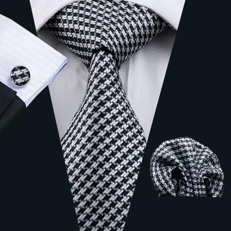 Classic Houndstooth White Black Plaid Tie Pocket Square Cufflinks Set sold by Ties2You