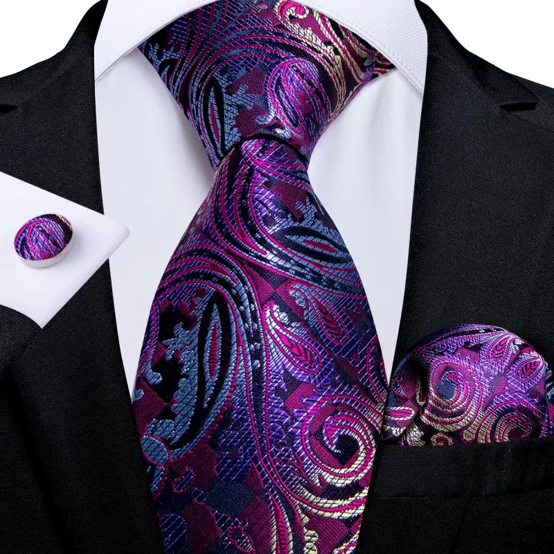 Blue Purple Paisley Silk Men's Tie Pocket Square Cufflinks Set sold by Ties2You