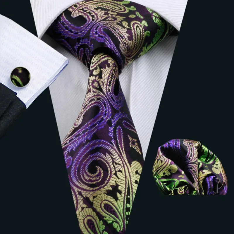 Green Purple Black Paisley Silk Men's Tie Pocket Square Cufflinks Set sold by Ties2You