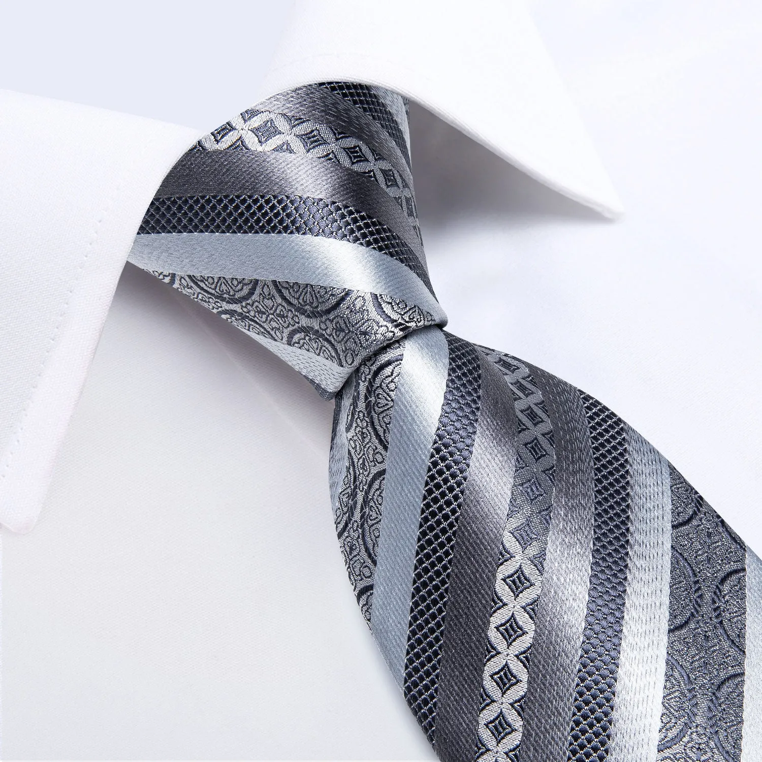Silver Grey Novelty Striped Silk Men's Tie Pocket Square Cufflinks Set sold by Ties2You product image thumbnail 3