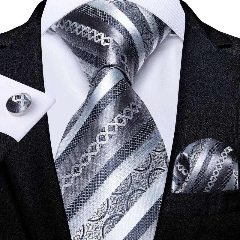 Silver Grey Novelty Striped Silk Men's Tie Pocket Square Cufflinks Set sold by Ties2You
