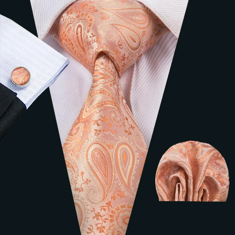 Light Orange Paisley Silk Men's Tie Pocket Square Cufflinks Set sold by Ties2You