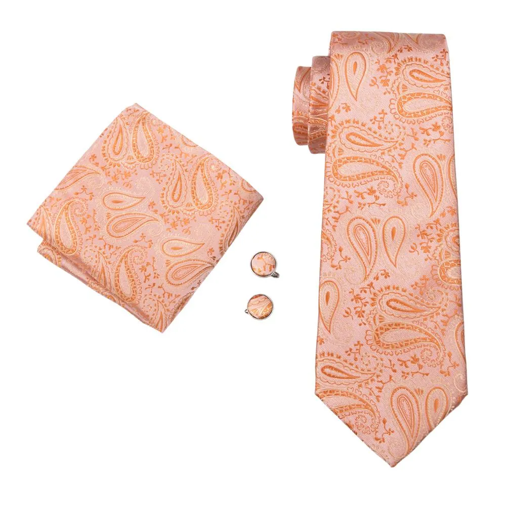 Light Orange Paisley Silk Men's Tie Pocket Square Cufflinks Set sold by Ties2You product image thumbnail 3