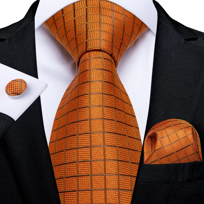 Ties2you Orange Plaid Silk Mens Tie Mens Silk Formal Necktie Pocket Square Cufflinks Set sold by Ties2You