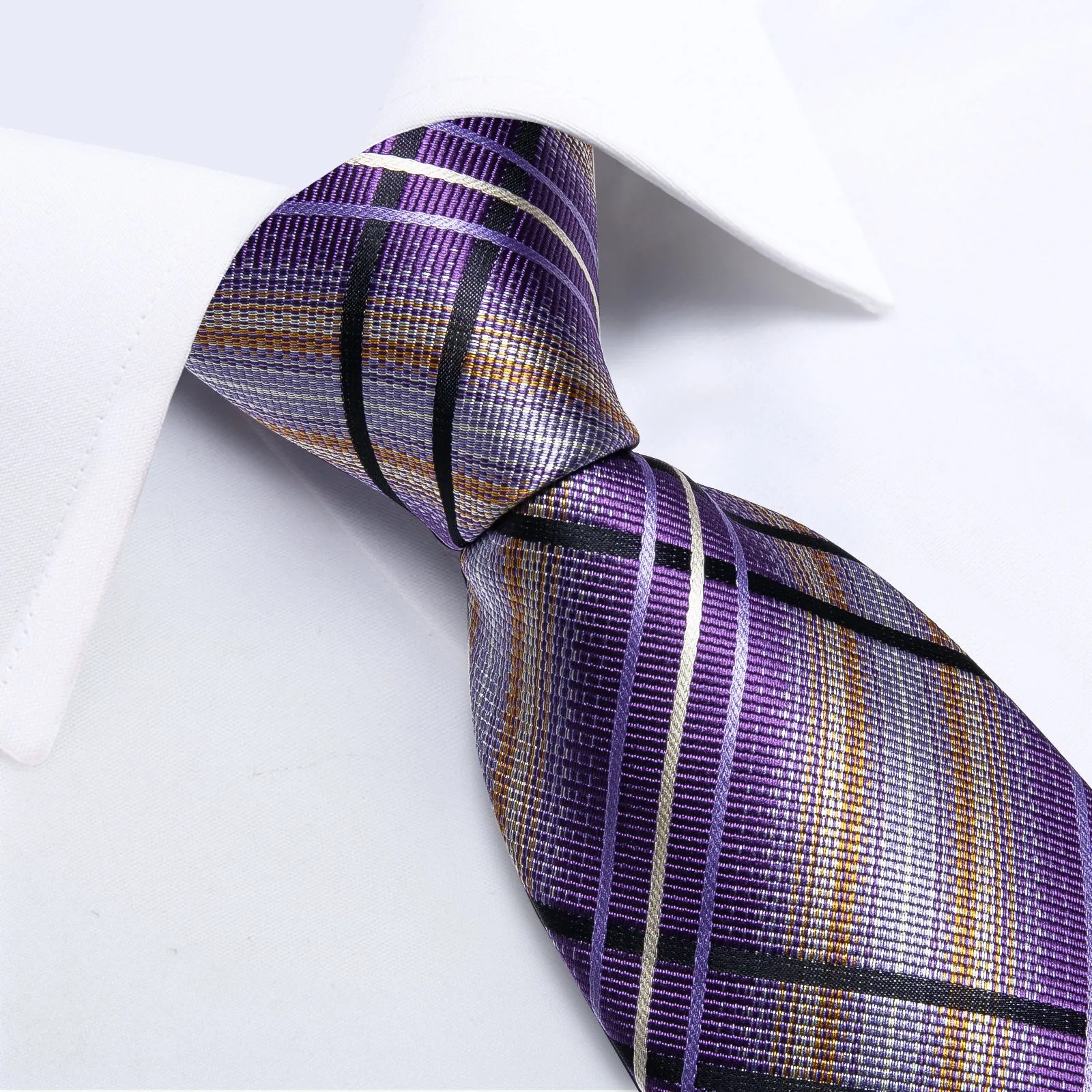 Purple Beige Striped Silk Men's Tie Pocket Square Cufflinks Set sold by Ties2You product image thumbnail 3