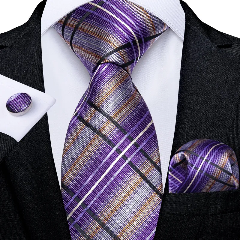 Purple Beige Striped Silk Men's Tie Pocket Square Cufflinks Set sold by Ties2You