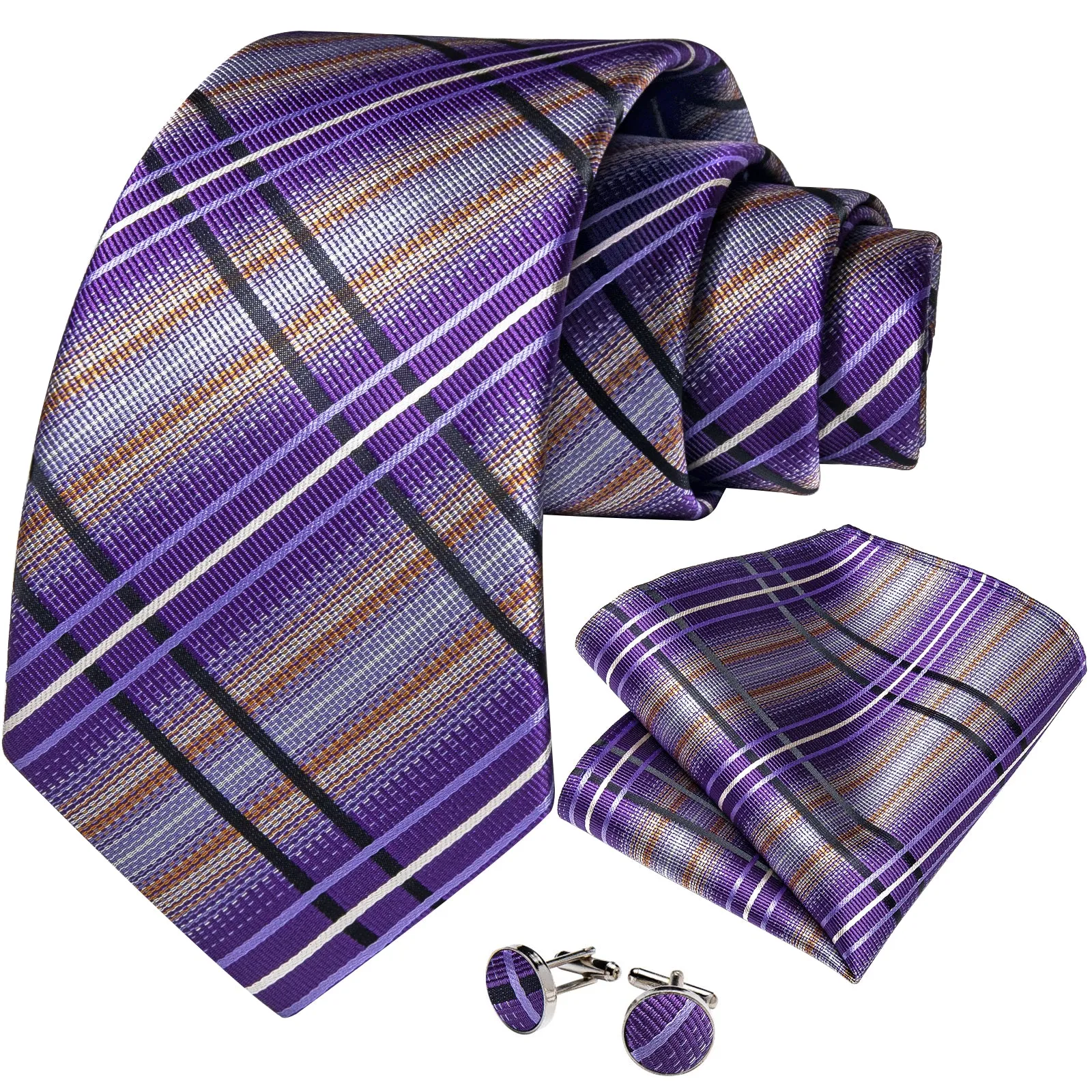 Purple Beige Striped Silk Men's Tie Pocket Square Cufflinks Set sold by Ties2You product image thumbnail 2