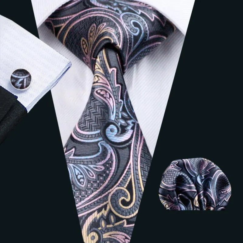 Silver Grey Paisley Silk Men's Tie Pocket Square Cufflinks Set sold by Ties2You