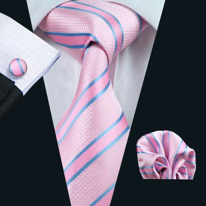 Pink Blue Striped Silk Men's Tie Pocket Square Cufflinks Set sold by Ties2You