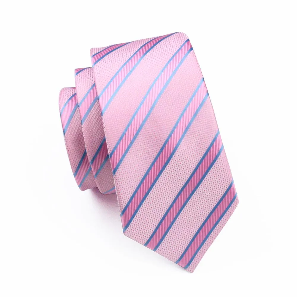 Pink Blue Striped Silk Men's Tie Pocket Square Cufflinks Set sold by Ties2You product image thumbnail 5