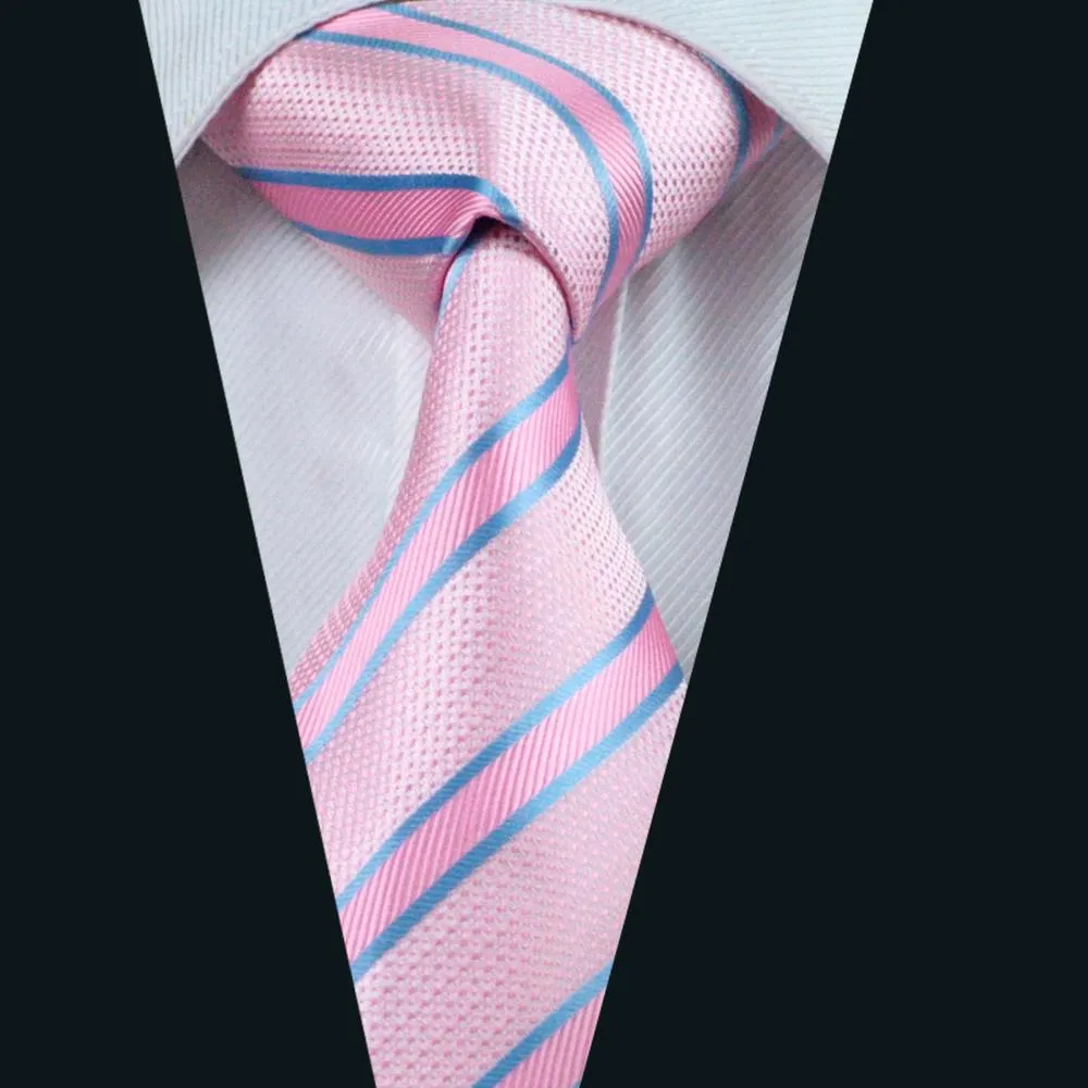 Pink Blue Striped Silk Men's Tie Pocket Square Cufflinks Set sold by Ties2You product image thumbnail 2