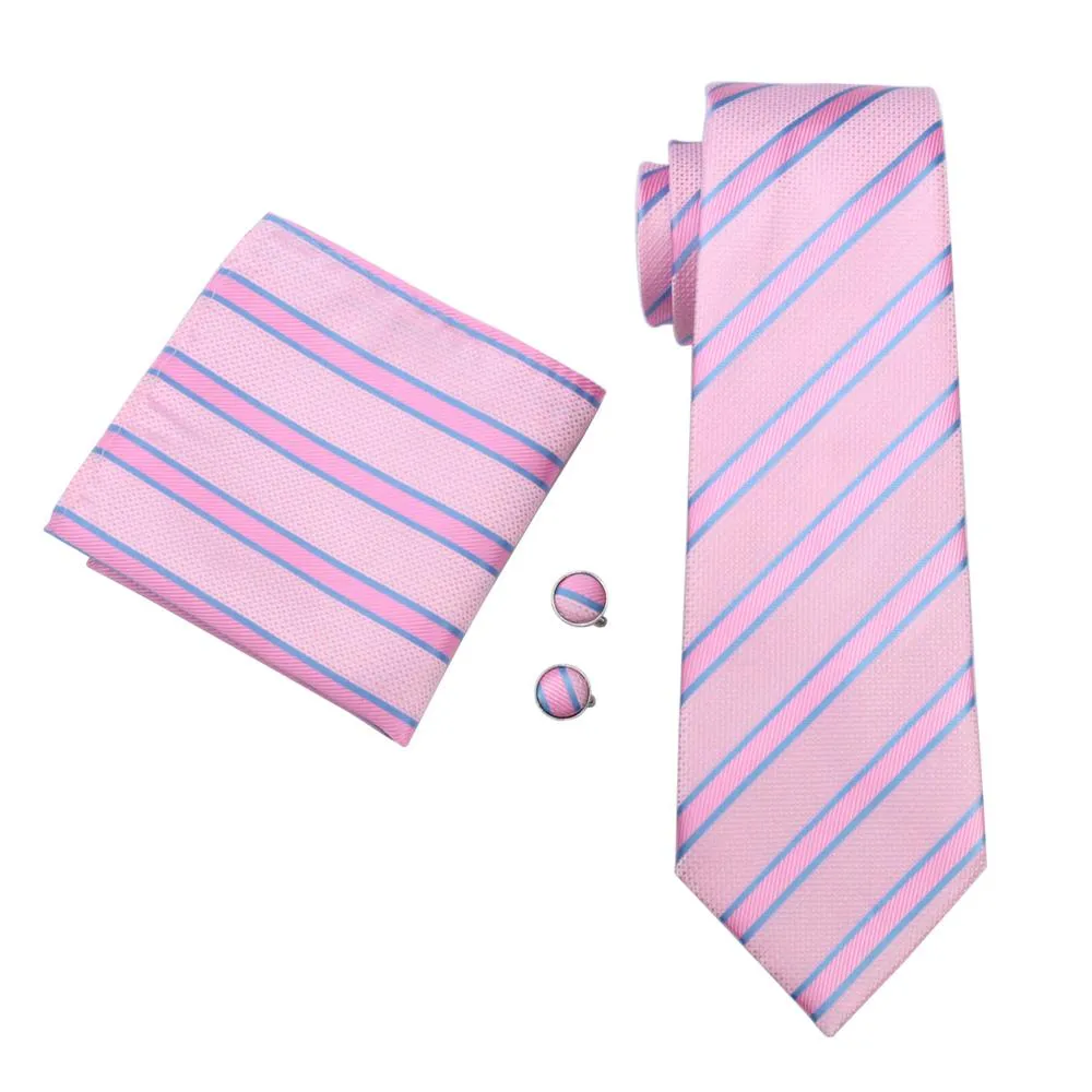 Pink Blue Striped Silk Men's Tie Pocket Square Cufflinks Set sold by Ties2You product image thumbnail 3