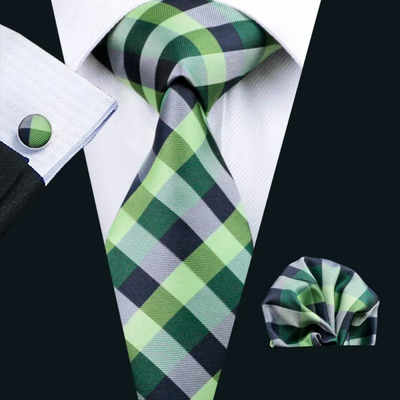 Green Plaid Silk Men's Tie Pocket Square Cufflinks Set sold by Ties2You