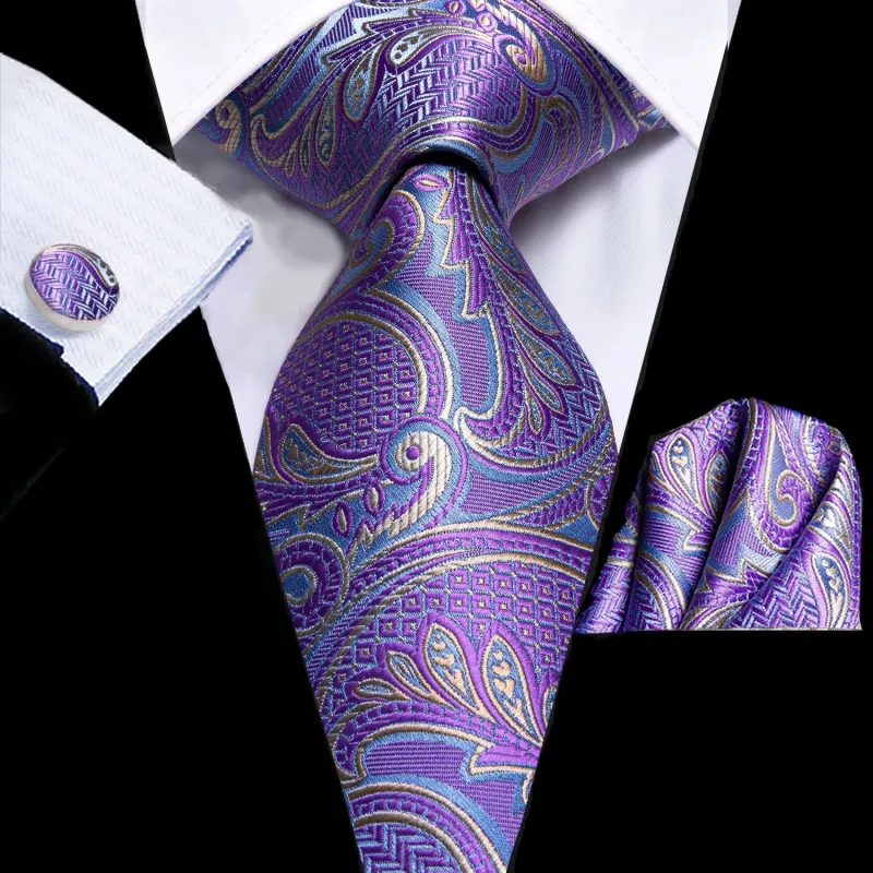 Lavender Purple Paisley Silk Men's Tie Pocket Square Cufflinks Set sold by Ties2You