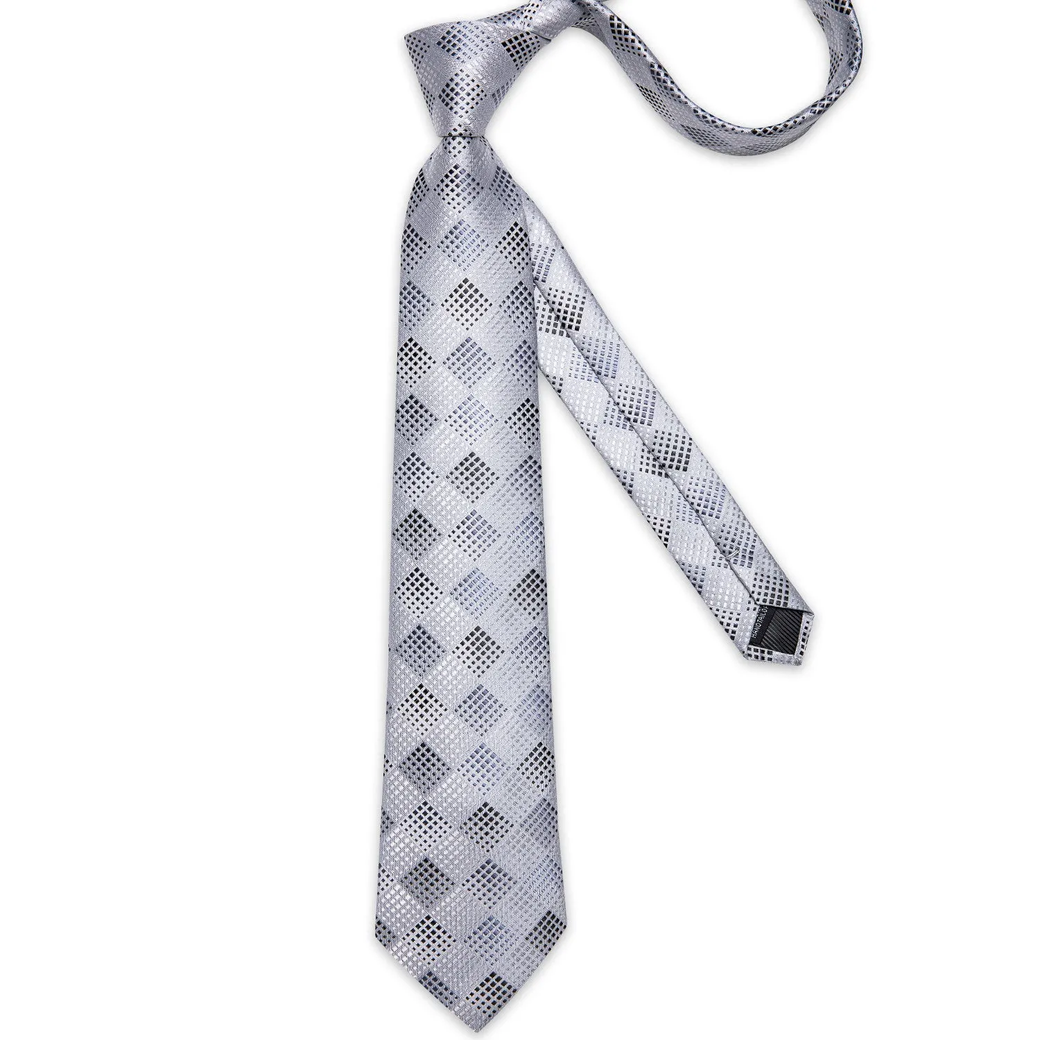 Silver White Plaid Silk Men's Tie Pocket Square Cufflinks Set sold by Ties2You product image thumbnail 4