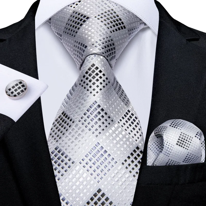 Silver White Plaid Silk Men's Tie Pocket Square Cufflinks Set sold by Ties2You