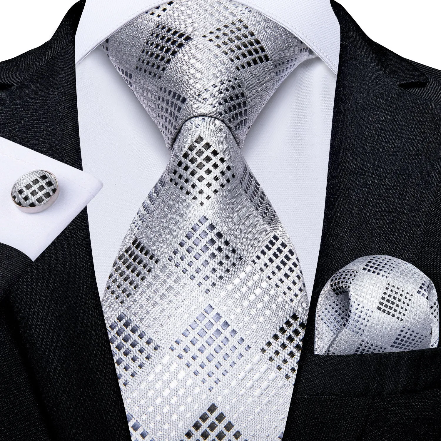 Silver White Plaid Silk Men's Tie Pocket Square Cufflinks Set sold by Ties2You