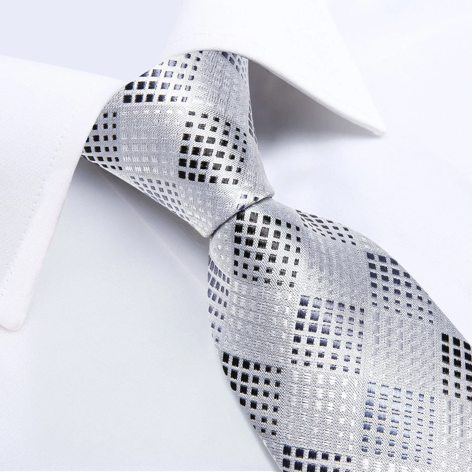 Silver White Plaid Silk Men's Tie Pocket Square Cufflinks Set sold by Ties2You product image thumbnail 3