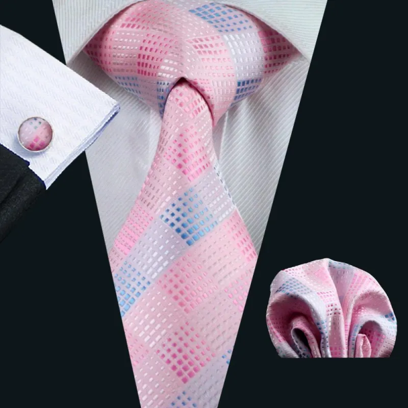 Pink Blue Plaid Silk Men's Tie Pocket Square Cufflinks Set sold by Ties2You