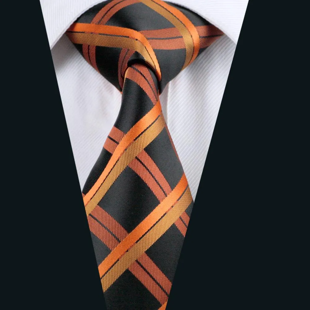 Orange Black Plaid Men's Tie Pocket Square Cufflinks Set sold by Ties2You product image thumbnail 2